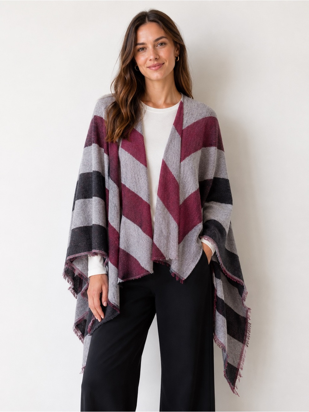 Eileen Fisher Striped Wool Sweater Gray Black Red Purple Poncho Shawl